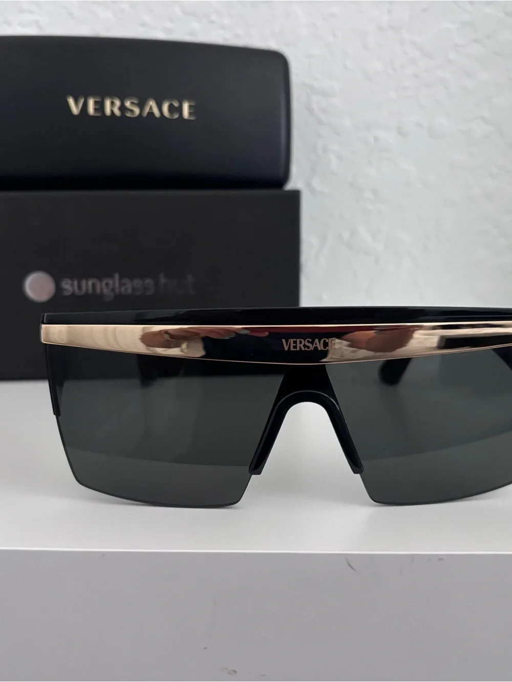 Versace Black Shield Sunglasses with Gold Brow Bar